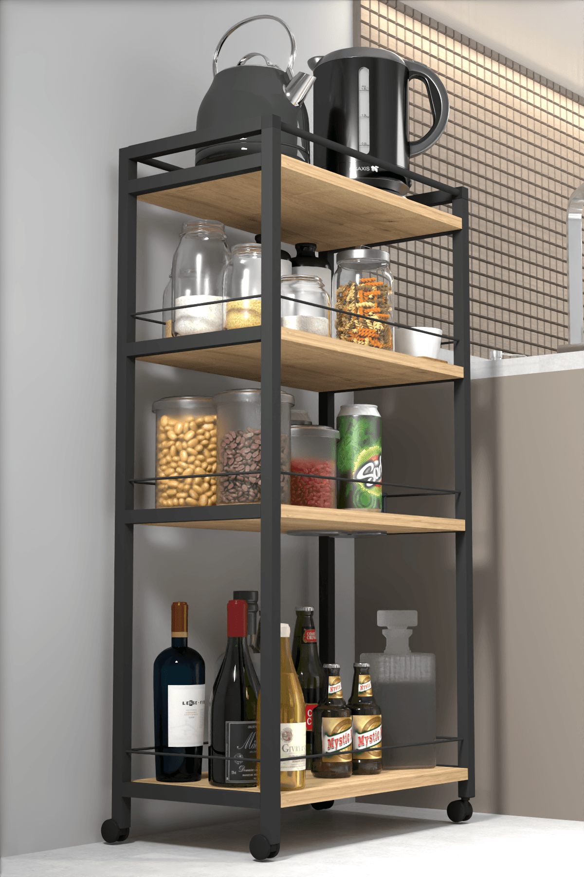 NEVA| Tekerlekli Metal Kiler Düzenleyici | 4 Raflı Kiler Banyo Metal Organizer - Çam