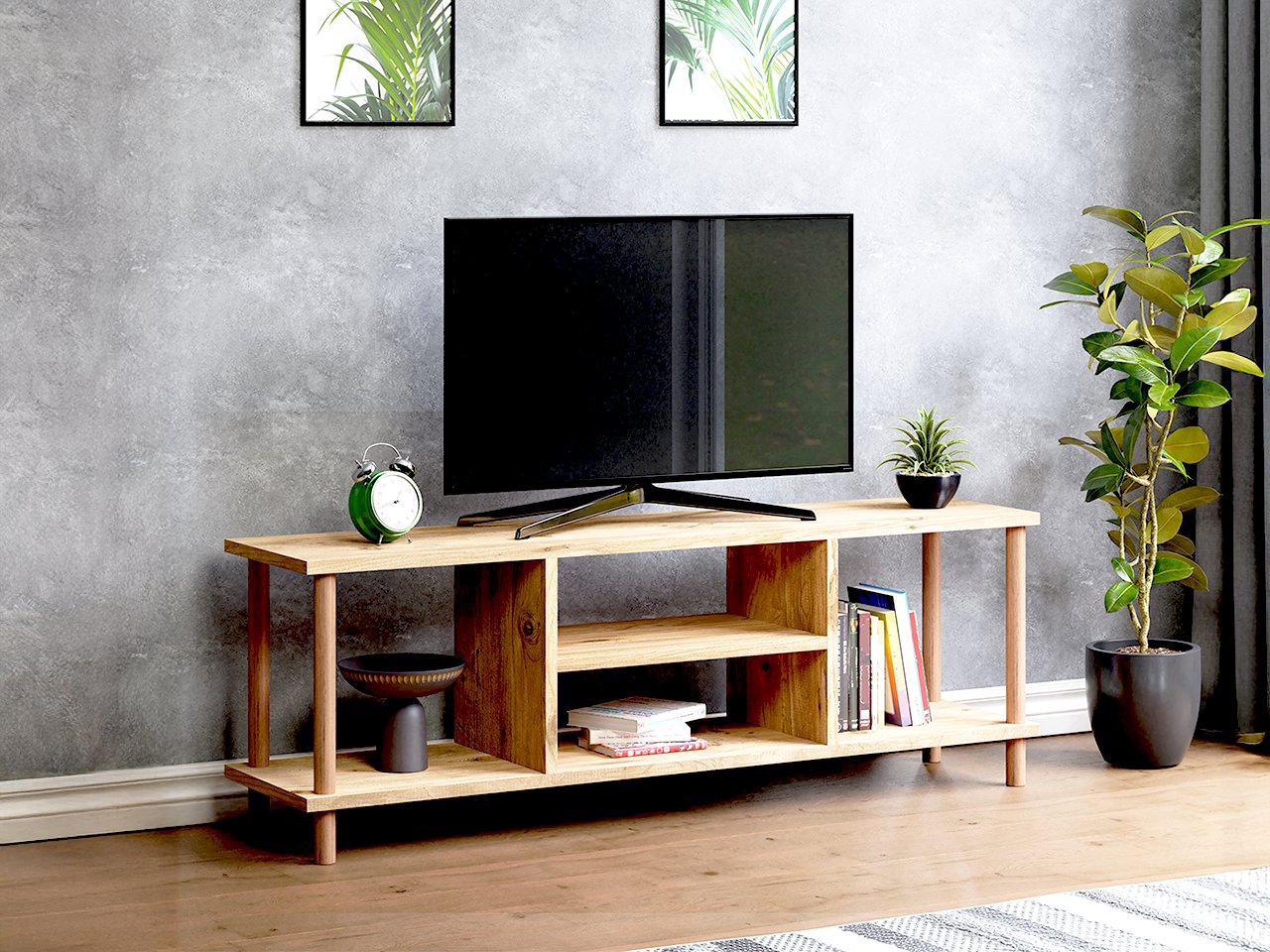 TİVO Modern Televizyon Sehpası 120 cm | Ahşap Ayaklı Raflı Tv Sehpası - Çam