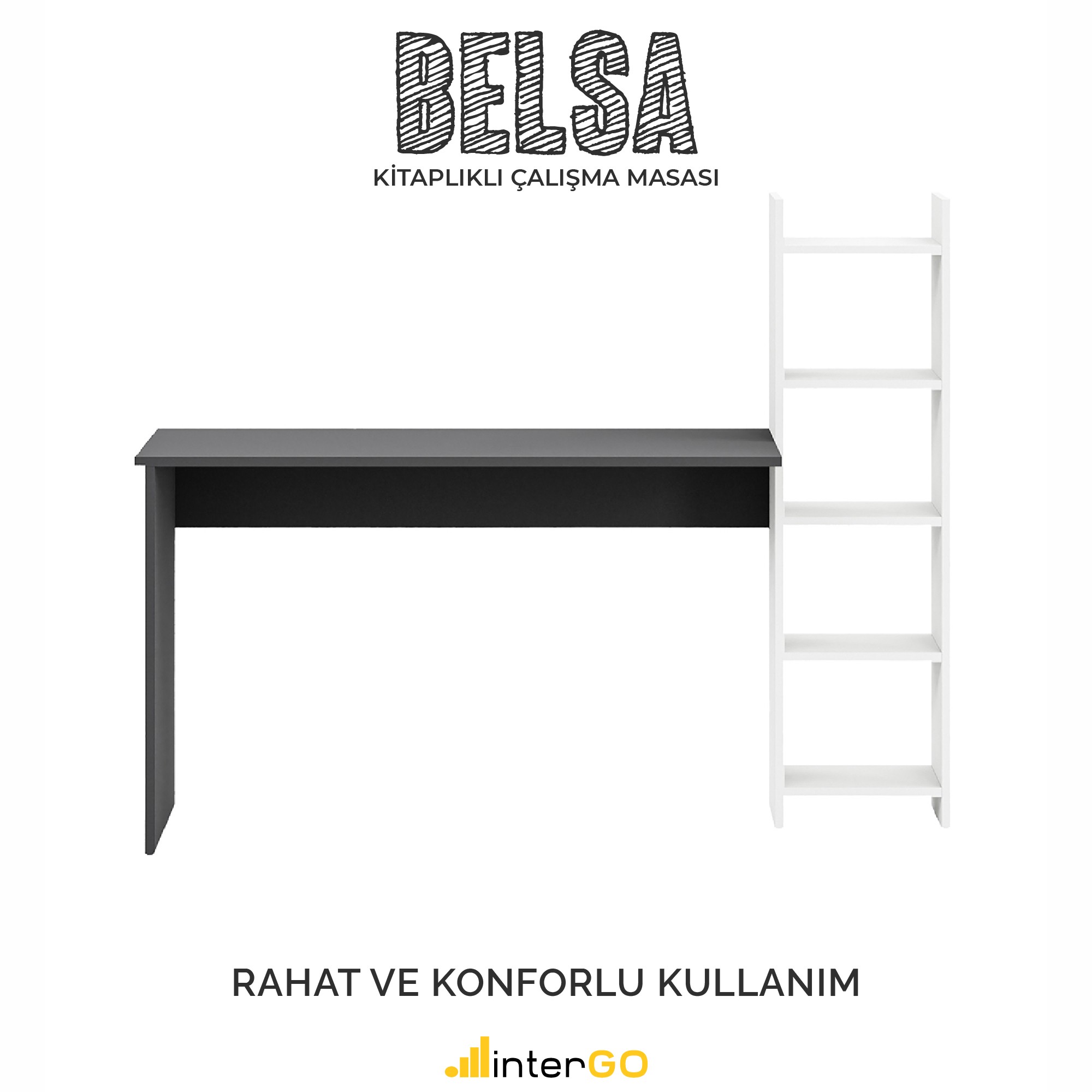BELSA | Kitaplıklı Çalışma Masası - Gri - Beyaz