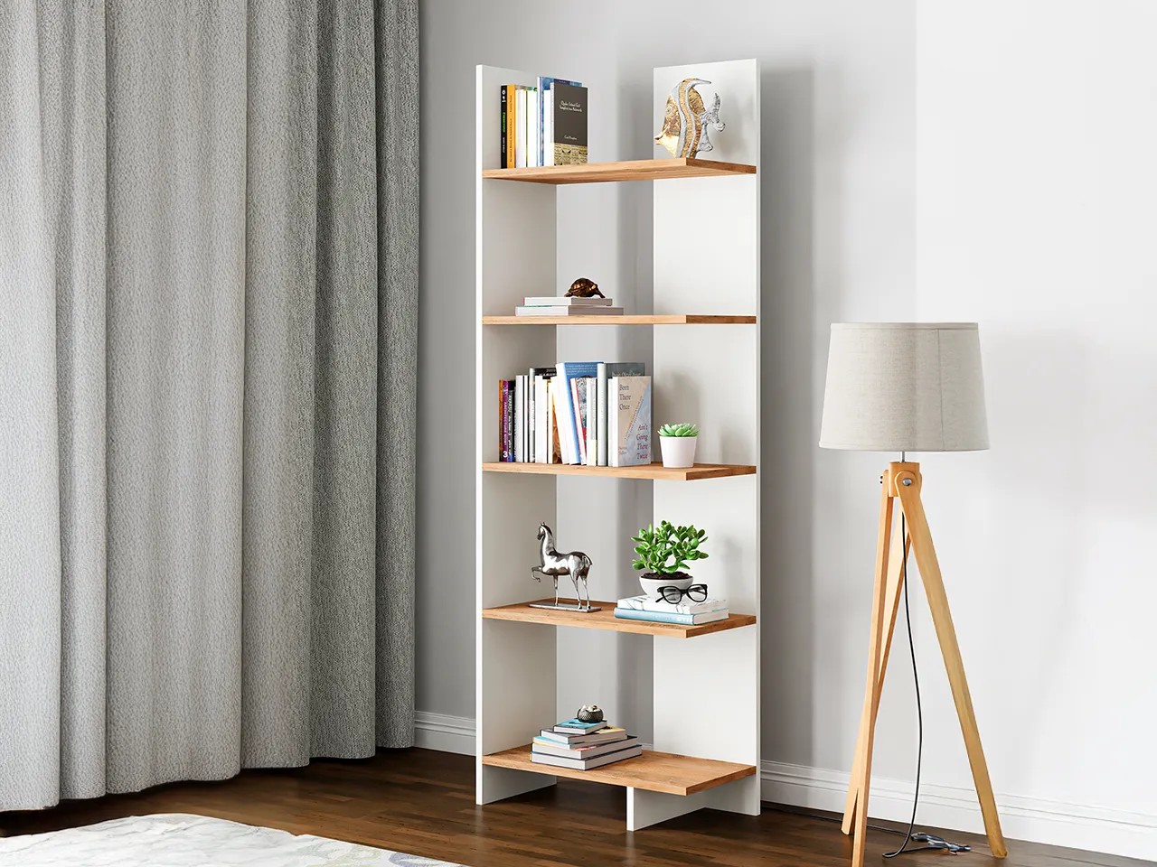 AURA 5 Raflı Kitaplık | Köşe Kitaplık | Asimetrik - Beyaz - Çam