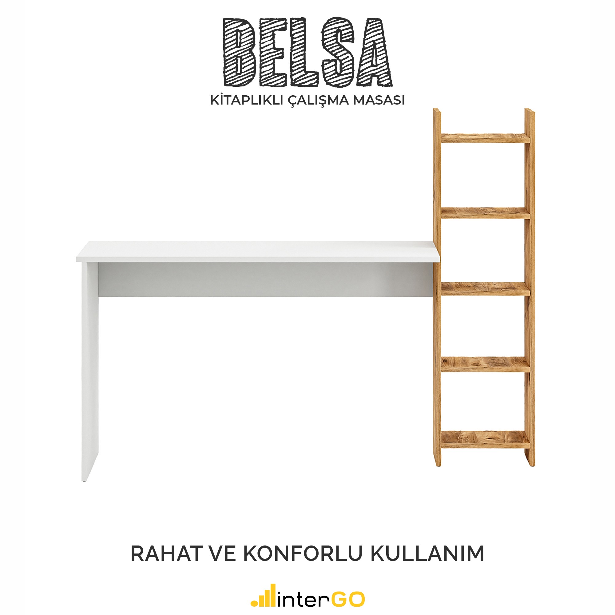 BELSA | Kitaplıklı Çalışma Masası - Beyaz - Atlantik Çam