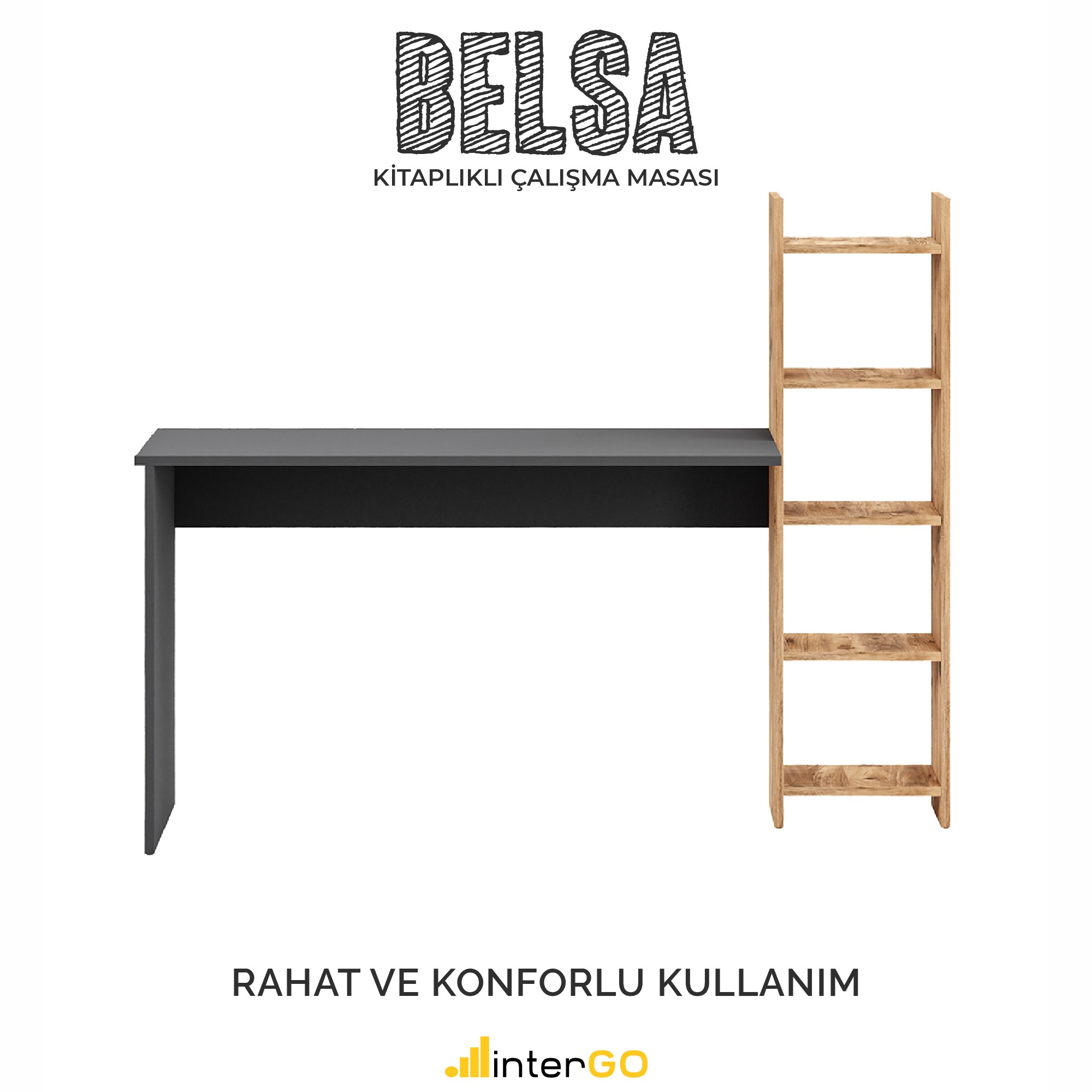BELSA | Kitaplıklı Çalışma Masası - Antrasit - Atlantik Çam