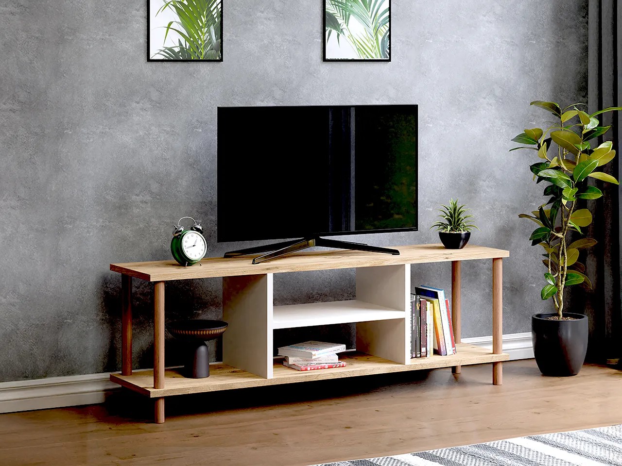 TİVO Modern Televizyon Sehpası 120 cm | Ahşap Ayaklı Raflı Tv Sehpası - Çam - Beyaz