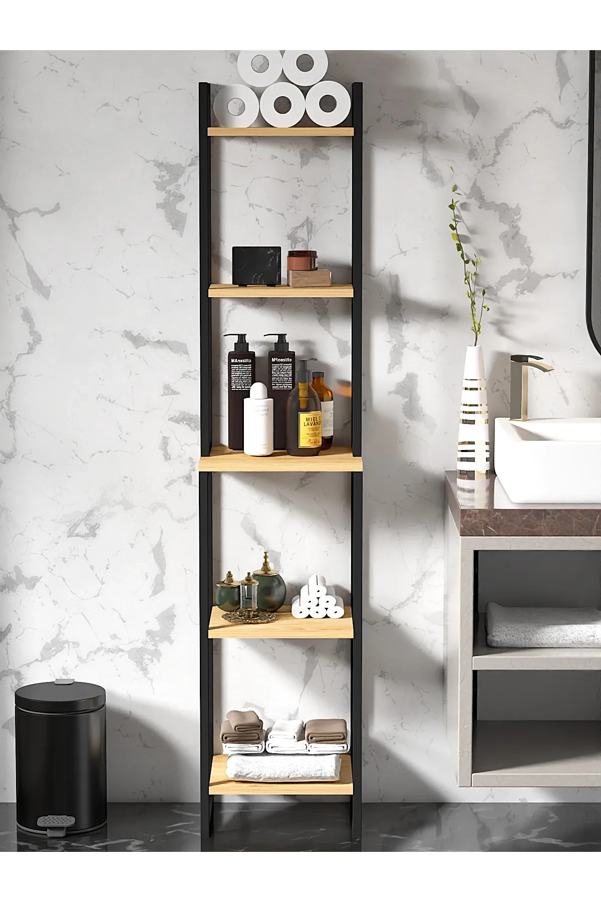ORGO | 5 Raflı Banyo Düzenleyici | Metal Mutfak Rafı | Çok Amaçlı Organizer - Çam