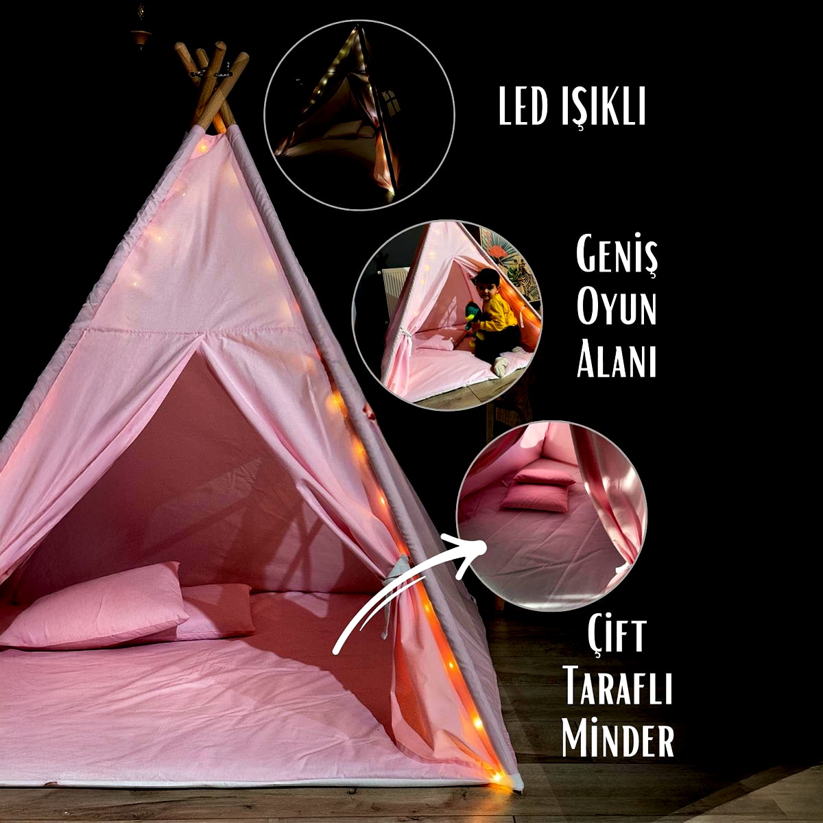 KİDO Işıklı Çocuk Oyun Çadırı | Ahşap Ayaklı Kızıldereli Çadırı Oyun Evi - Pembe