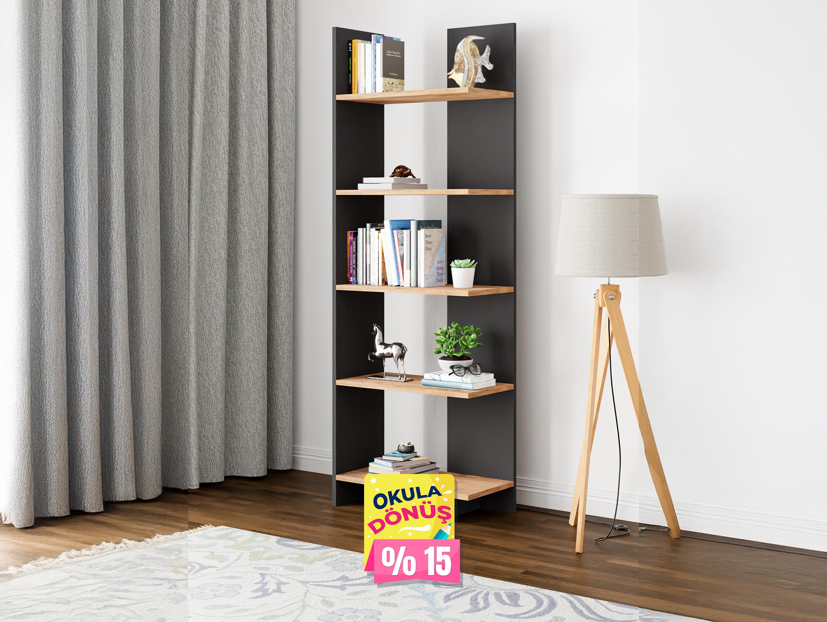 AURA 5 Raflı Kitaplık | Köşe Kitaplık | Asimetrik - Antrasit - Çam