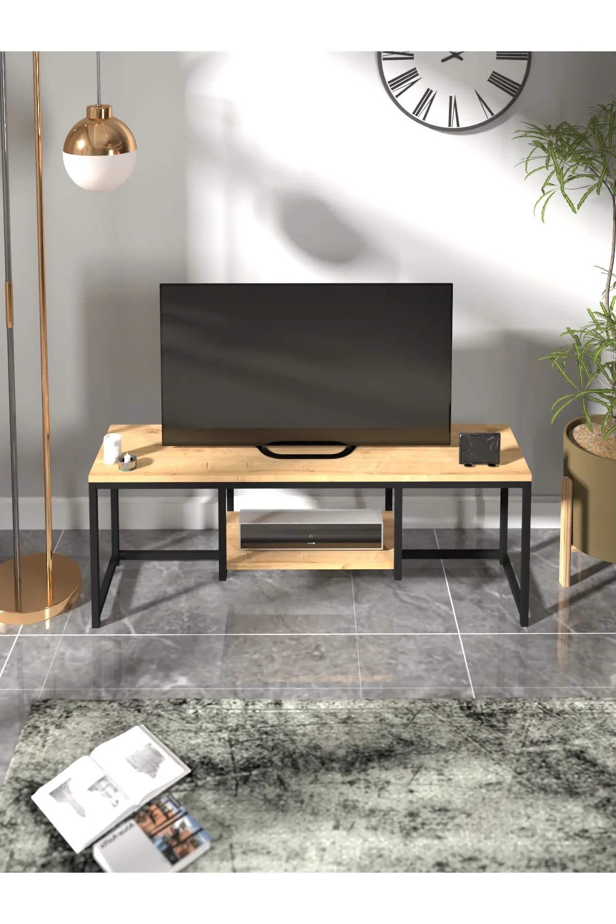 META | Metal Tv Sehpası | 120 cm Raflı Tv Ünitesi - Siyah