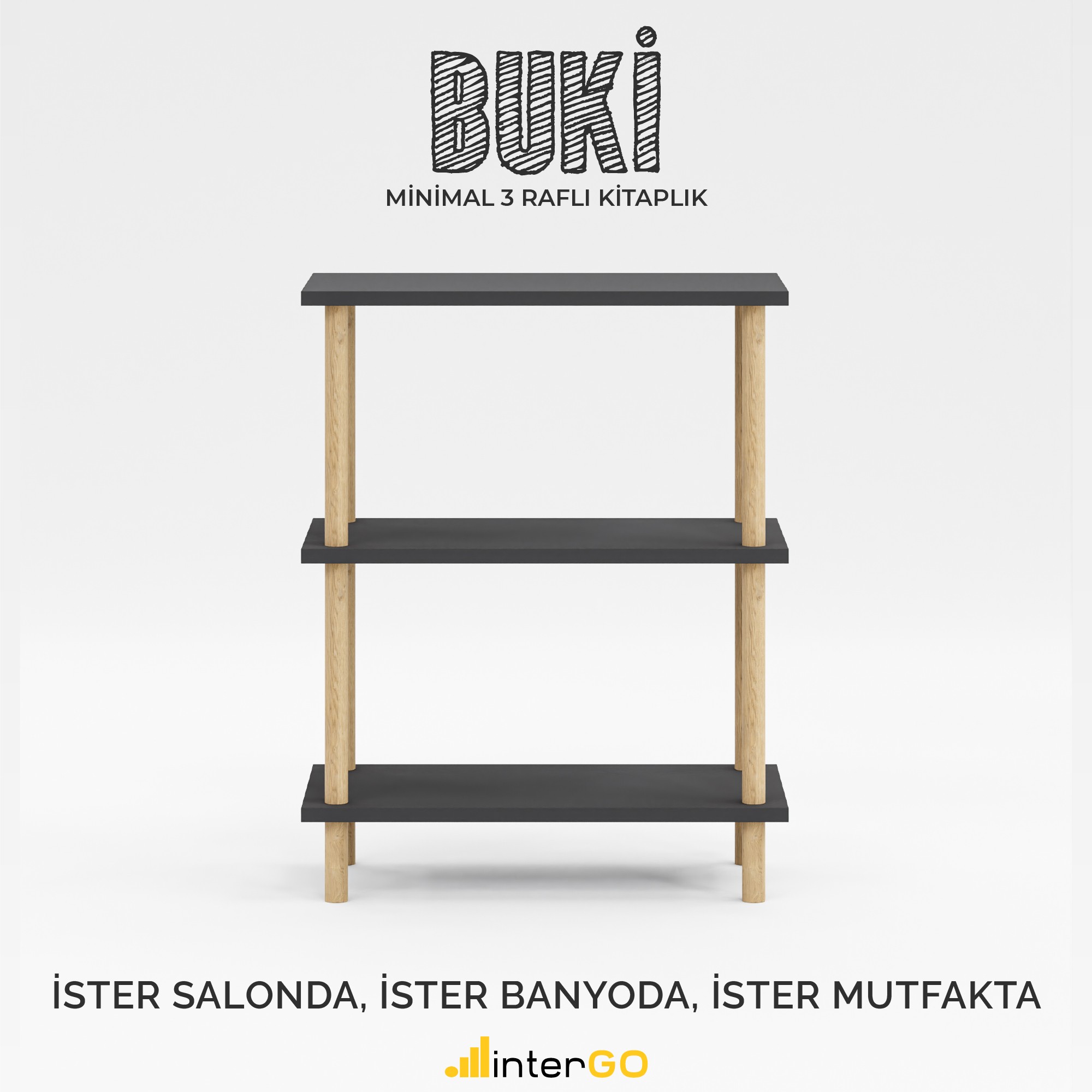 BUKİ İskandinav Kitaplık | 3 Raflı Çok Amaçlı Düzenleyici - Antrasit