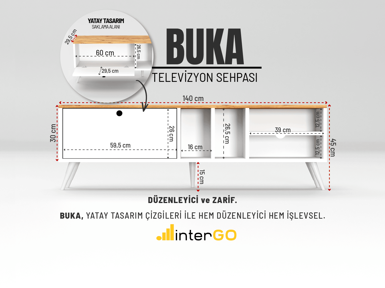 BUKA 140 cm Geniş Tek Kapaklı Televizyon Sehpası | Bölmeli Tv Sehpası