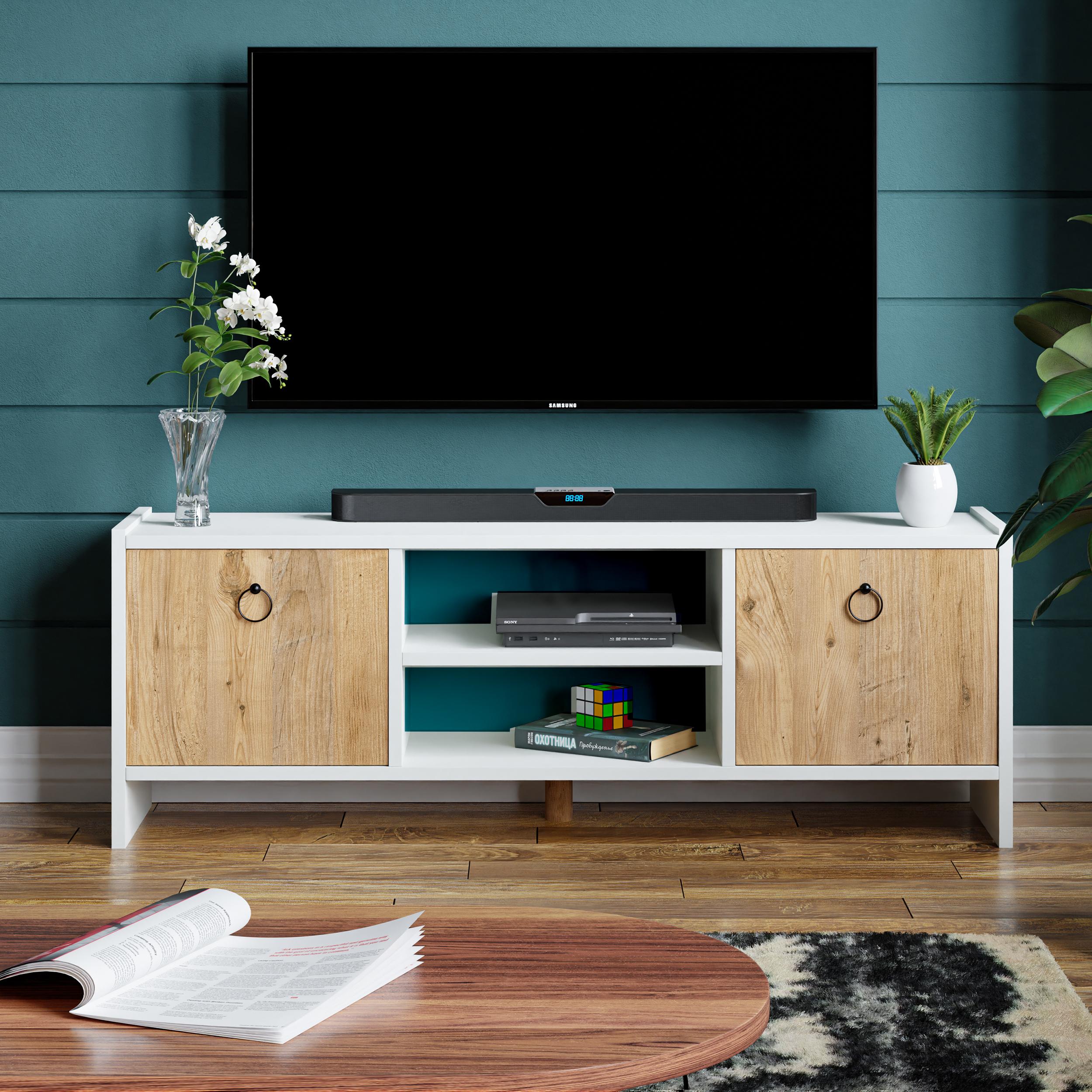 RAVEL Kapaklı Televizyon Sehpası 120 cm | Raflı Modern Tv Sehpası - Beyaz - Çam