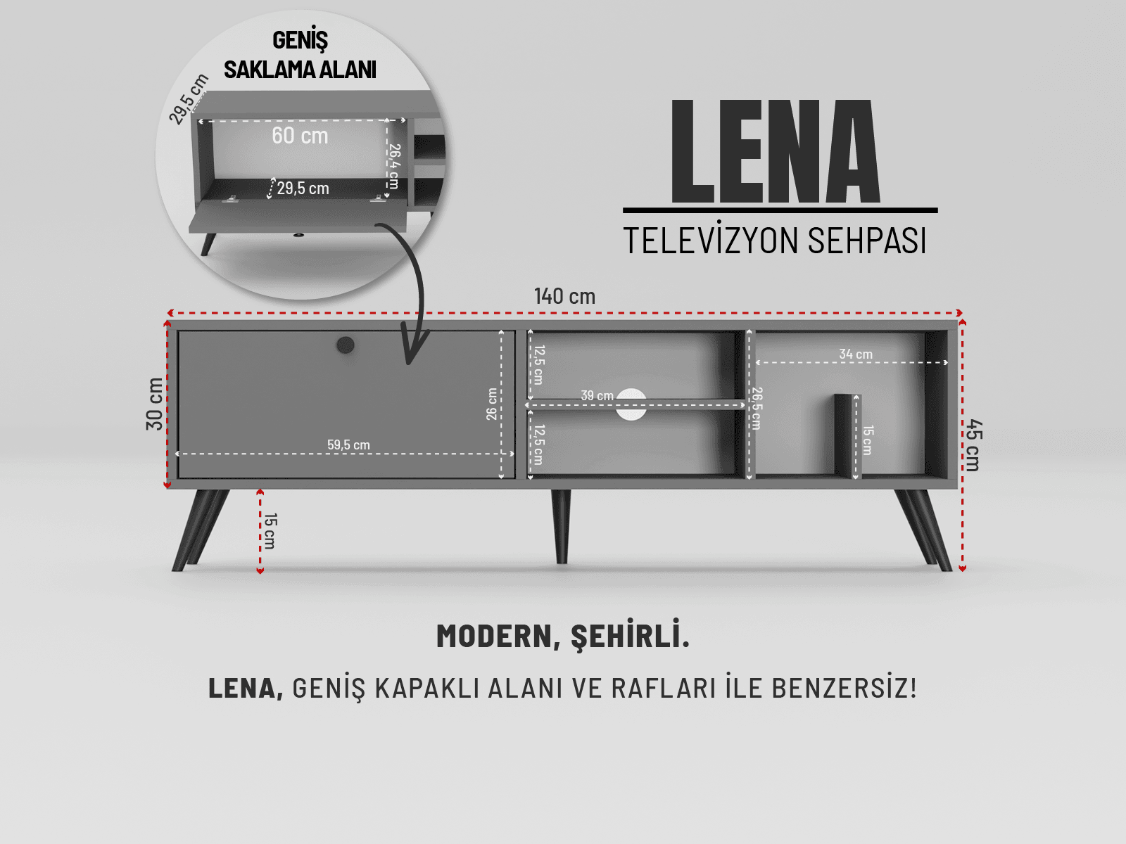 LENA 140 cm Geniş Kapaklı Televizyon Sehpası | Özel Kitaplık Bölümlü Tv Sehpası
