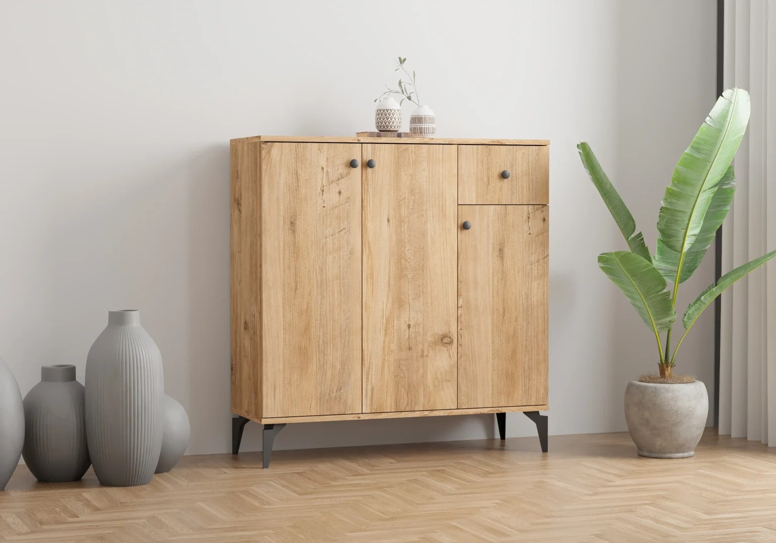 ANTO XL 3 Kapaklı Antre Dolabı | Çok Amaçlı Raflı Dolap | 105 cm Modern Ayakkabılık Vestiyer - Çam