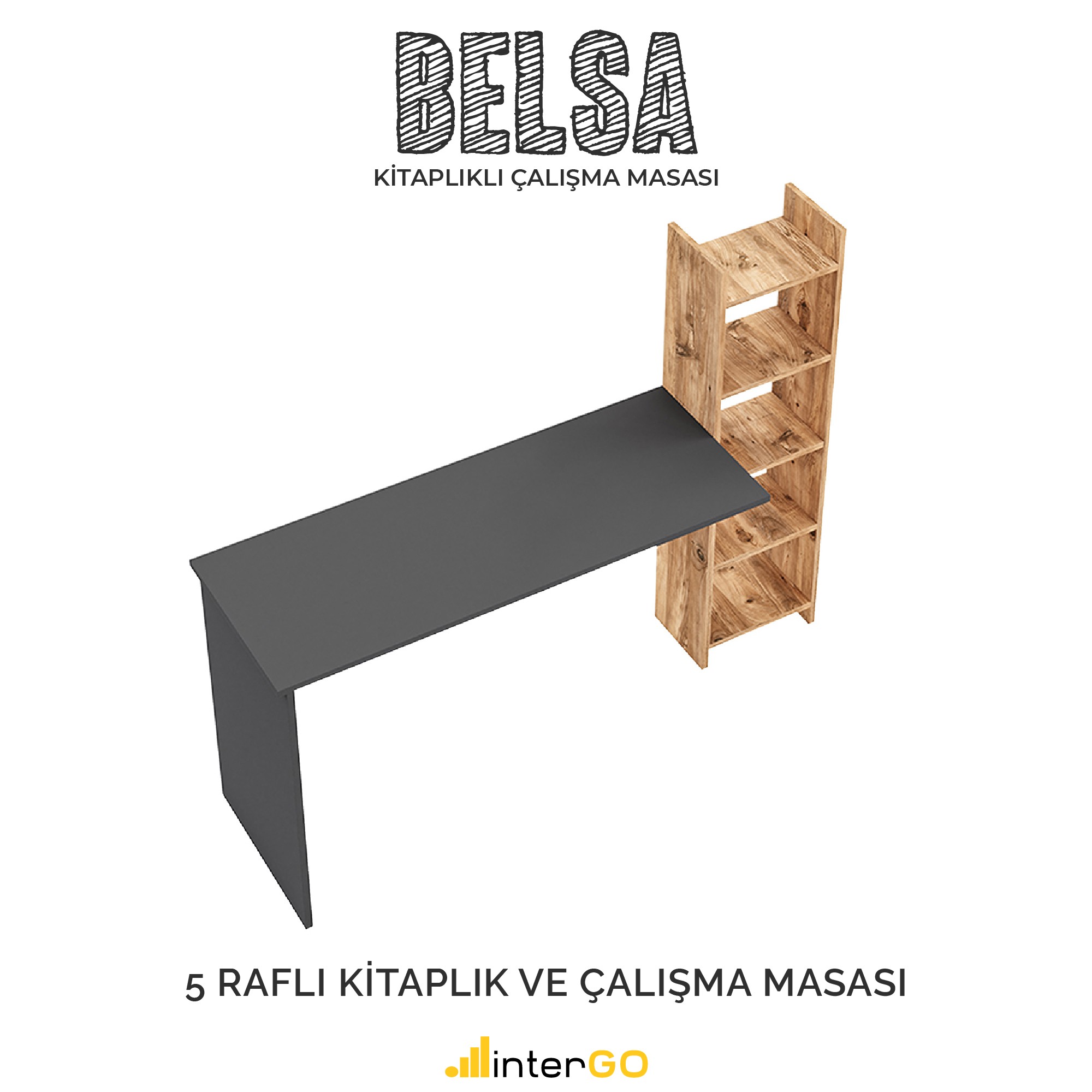 BELSA | Kitaplıklı Çalışma Masası - Antrasit - Atlantik Çam