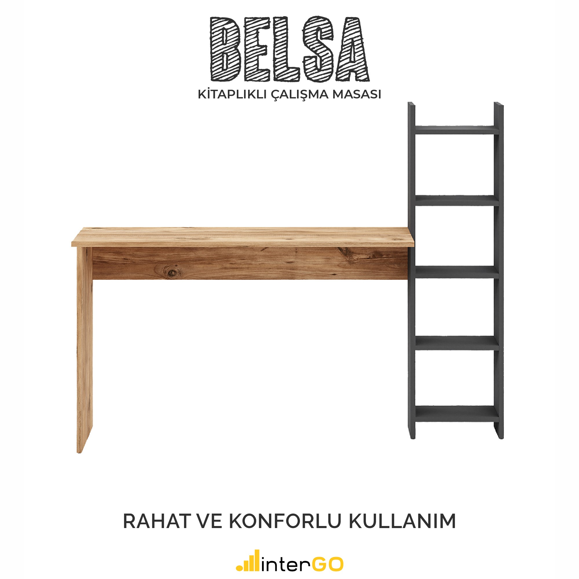 BELSA | Kitaplıklı Çalışma Masası - Atlantik Çam - Gri