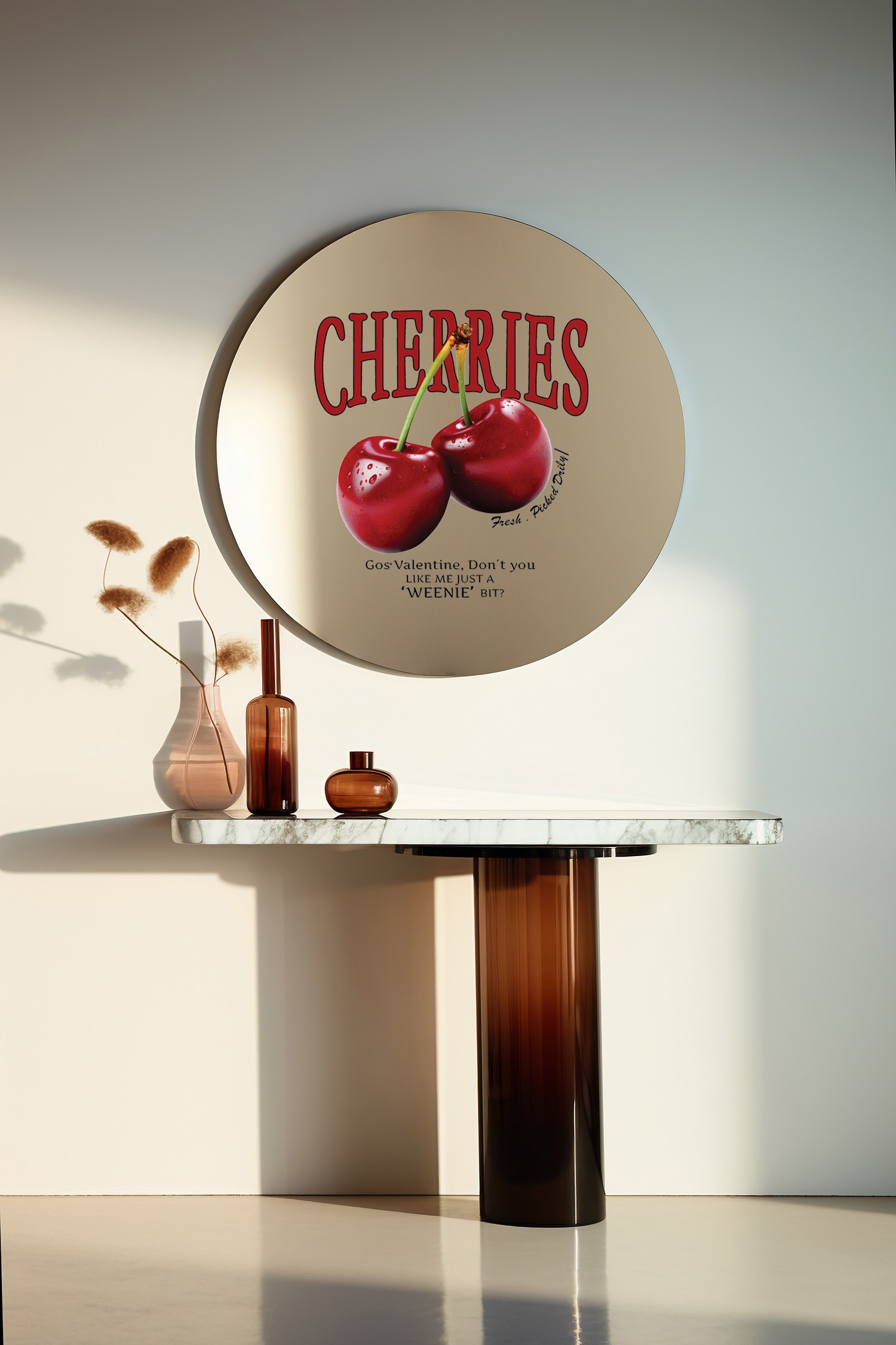 MORA Serisi Yuvarlak Ayna | Dekoratif Ayna | Özel Tasarım Baskılı Ayna - Cherries