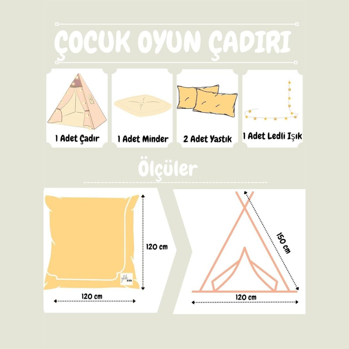 KİDO | Işıklı Çocuk Oyun Çadırı | Ahşap Ayaklı Kızıldereli Çadırı Oyun Evi