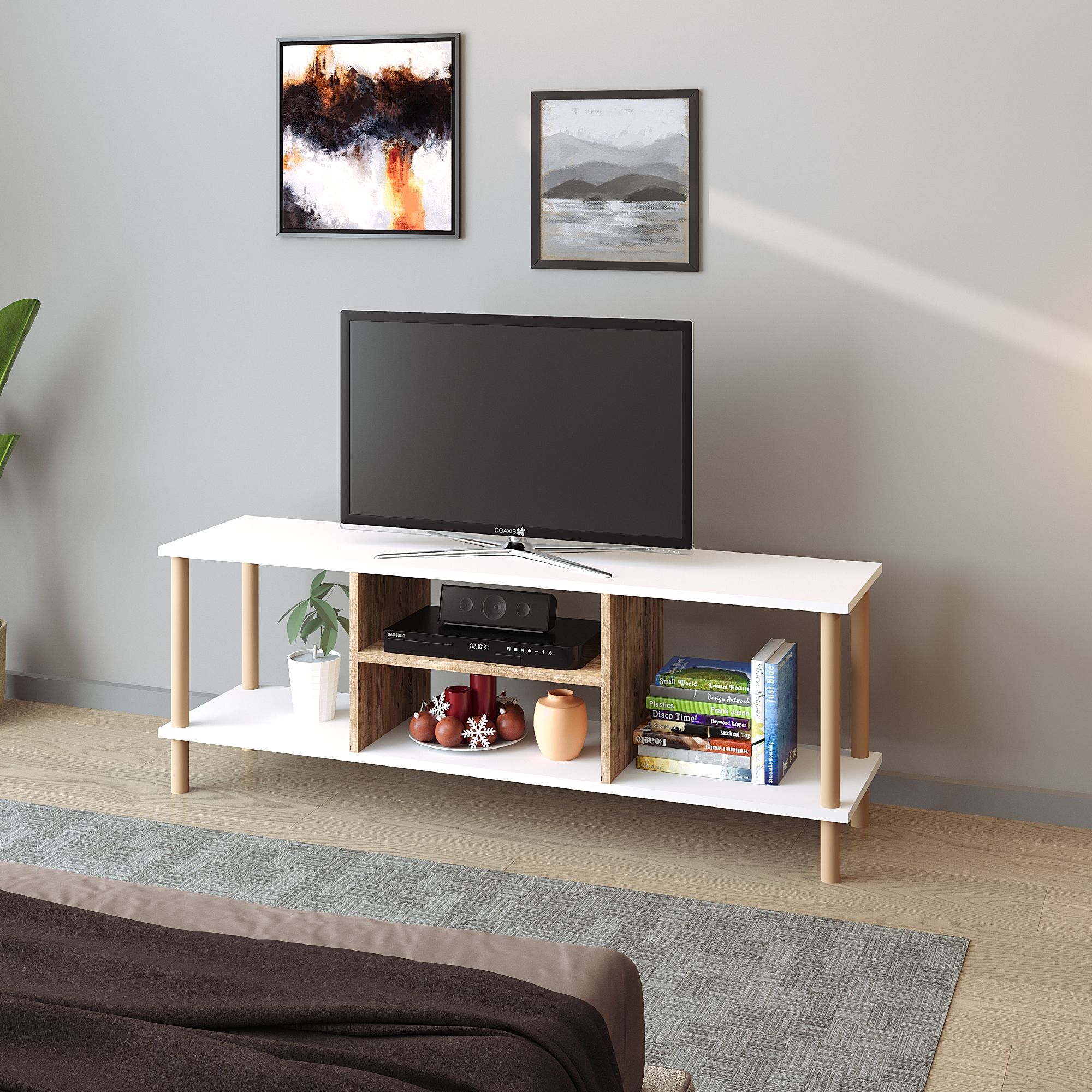 TİVO Modern Televizyon Sehpası 120 cm | Ahşap Ayaklı Raflı Tv Sehpası - Beyaz - Çam