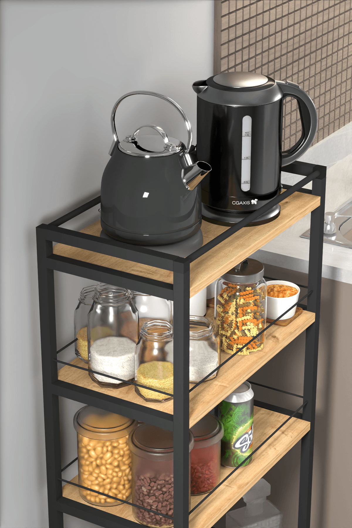 NEVA| Tekerlekli Metal Kiler Düzenleyici | 4 Raflı Kiler Banyo Metal Organizer - Çam