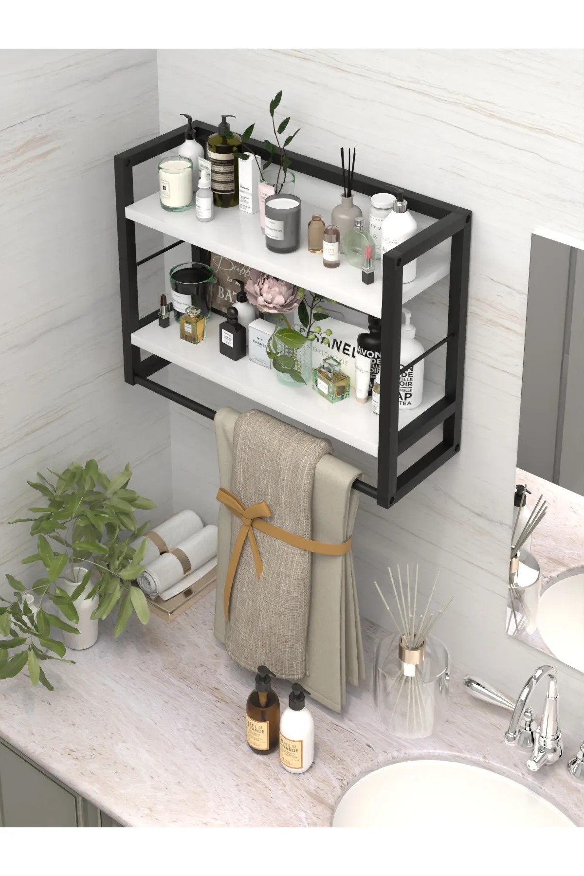 RAFA | 2 Raflı Metal Havluluk | Duvara Monte Banyo Rafı | Metal Organizer Raf - Beyaz