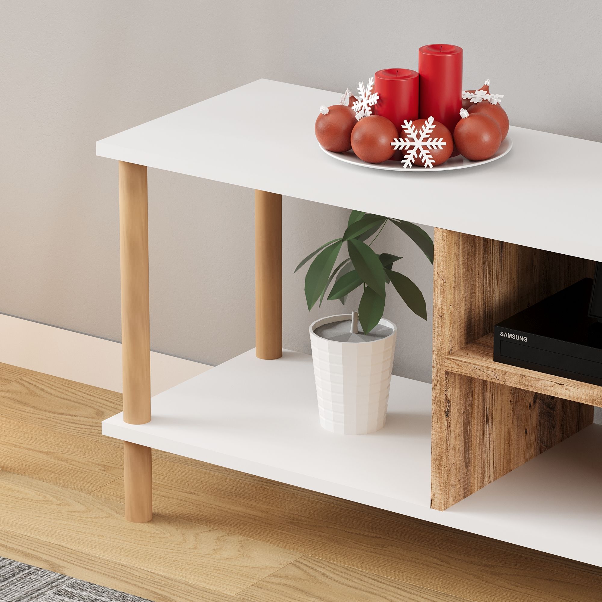 TİVO Modern Televizyon Sehpası 120 cm | Ahşap Ayaklı Raflı Tv Sehpası - Beyaz - Çam