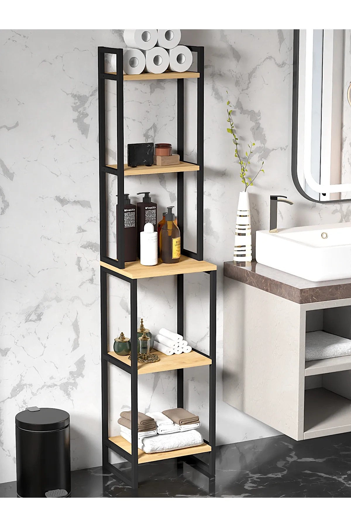 ORGO | 5 Raflı Banyo Düzenleyici | Metal Mutfak Rafı | Çok Amaçlı Organizer - Çam
