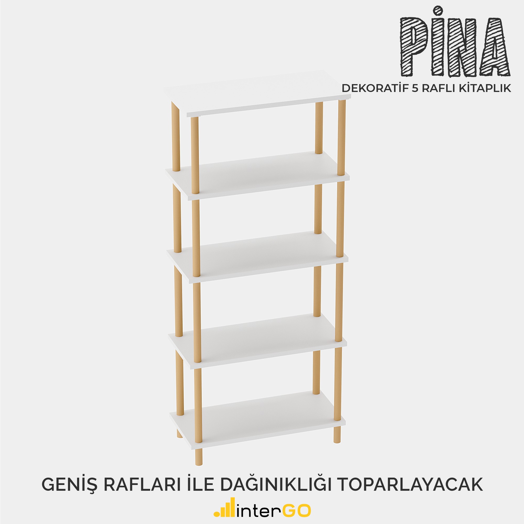 PİNA Ahşap Ayaklı Kitaplık | 5 Raflı - Düzenleyici - Beyaz