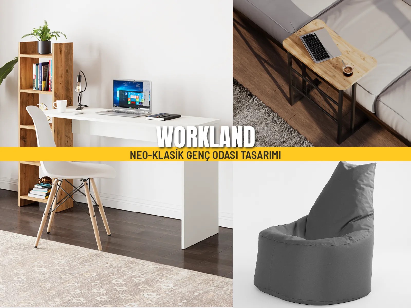 WORKLAND Genç Odası Tasarımı | Çalışma Odaklı Dekorasyon | Tasarım Genç Odası 3 Parça - Neo - Klasik
