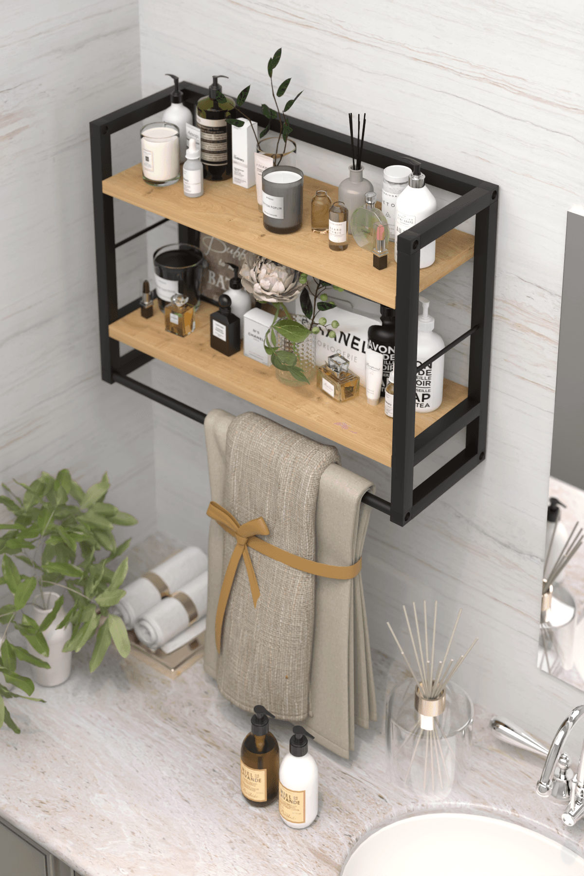 RAFA | 2 Raflı Metal Havluluk | Duvara Monte Banyo Rafı | Metal Organizer Raf