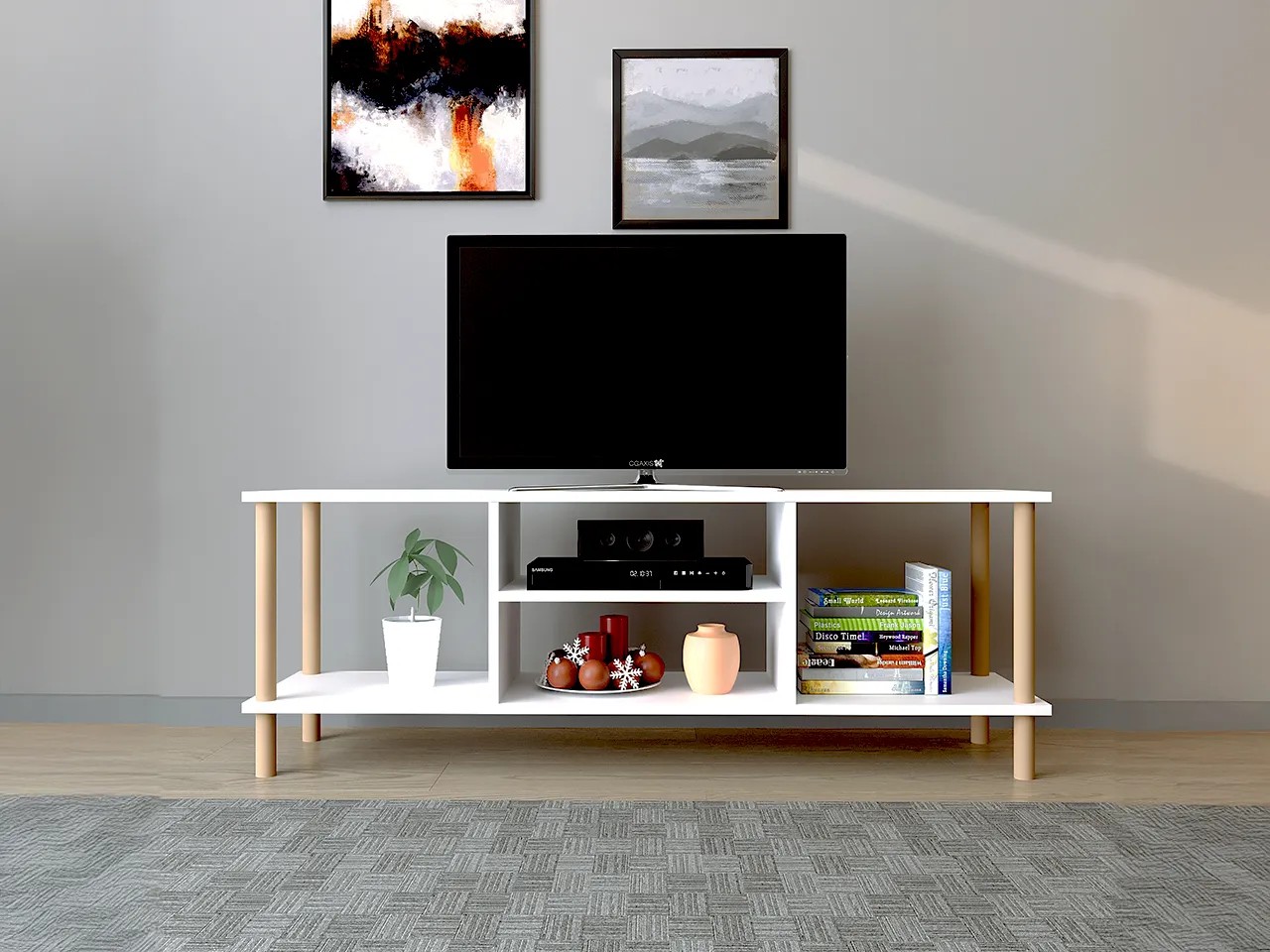 TİVO Modern Televizyon Sehpası 120 cm | Ahşap Ayaklı Raflı Tv Sehpası - Beyaz