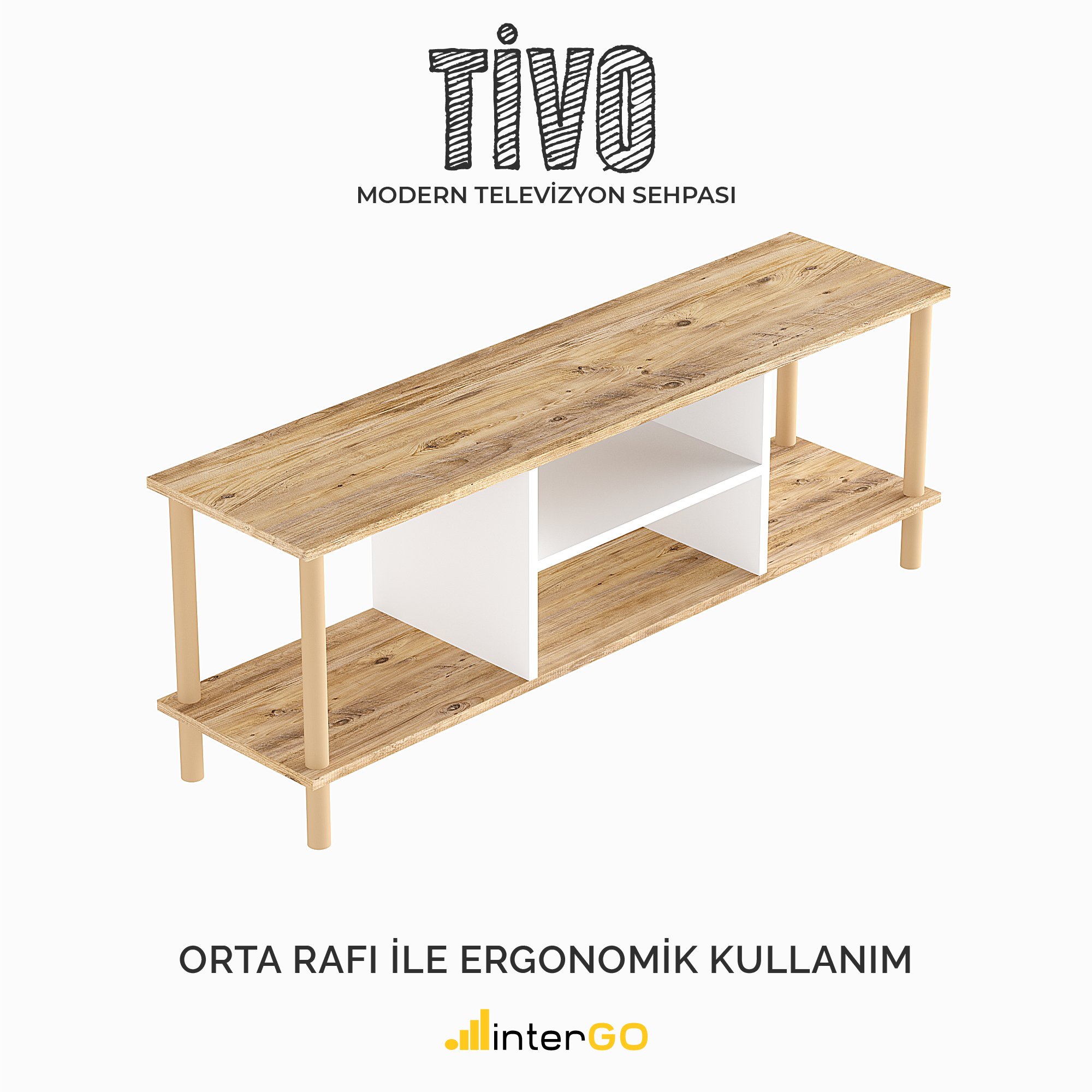 TİVO Modern Televizyon Sehpası 120 cm | Ahşap Ayaklı Raflı Tv Sehpası - Çam - Beyaz