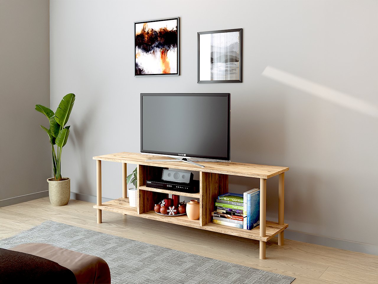 TİVO Modern Televizyon Sehpası 120 cm | Ahşap Ayaklı Raflı Tv Sehpası - Çam