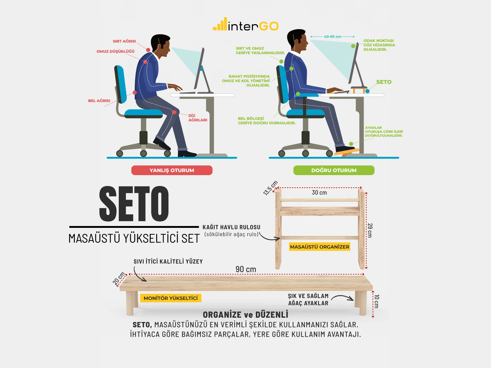 SETO Masaüstü Organizer Set / Monitör Yükseltici Stand / Havluluklu Raf - Çam