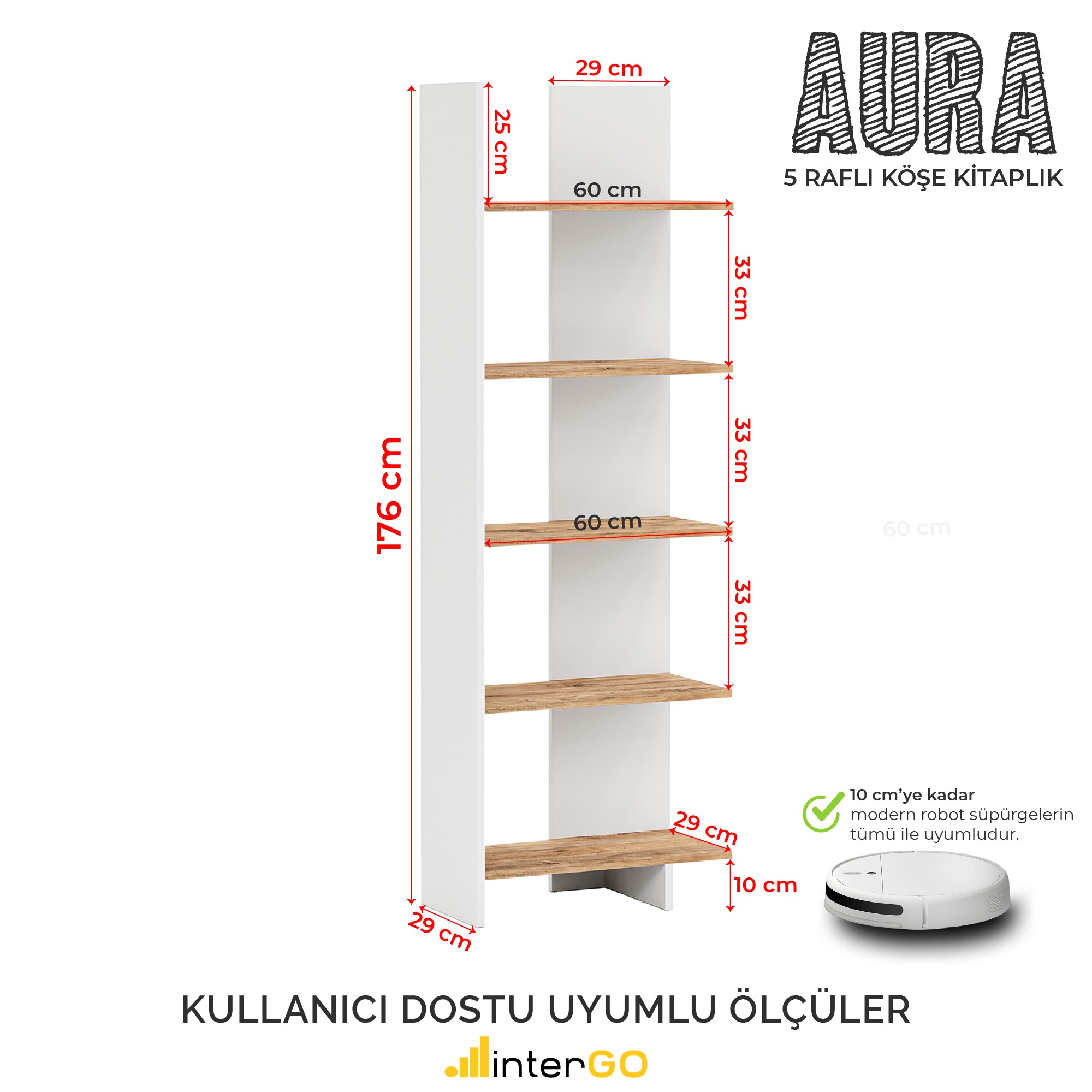 AURA 5 Raflı Kitaplık | Köşe Kitaplık | Asimetrik - Beyaz - Çam
