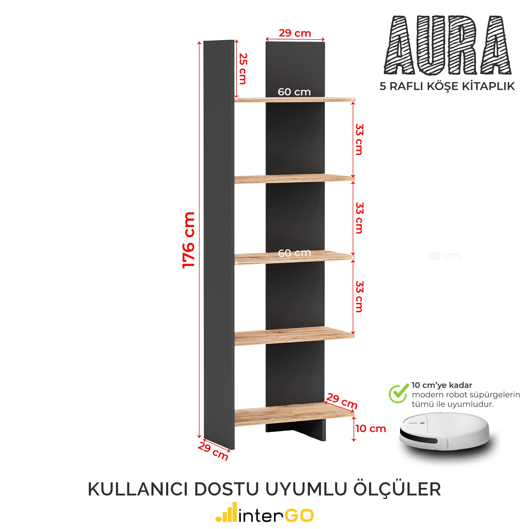 AURA 5 Raflı Kitaplık | Köşe Kitaplık | Asimetrik - Antrasit - Çam