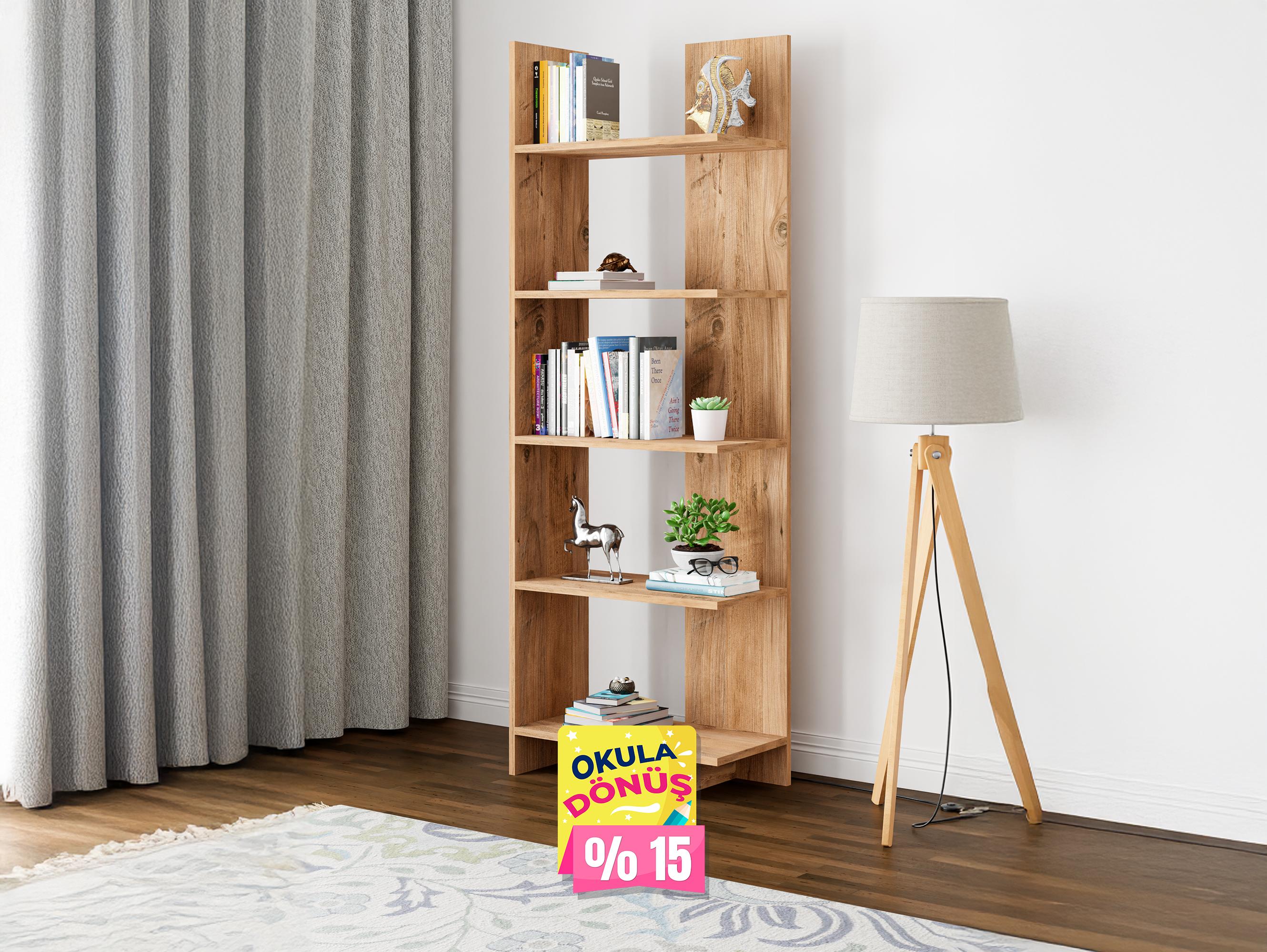 AURA 5 Raflı Kitaplık | Köşe Kitaplık | Asimetrik - Çam