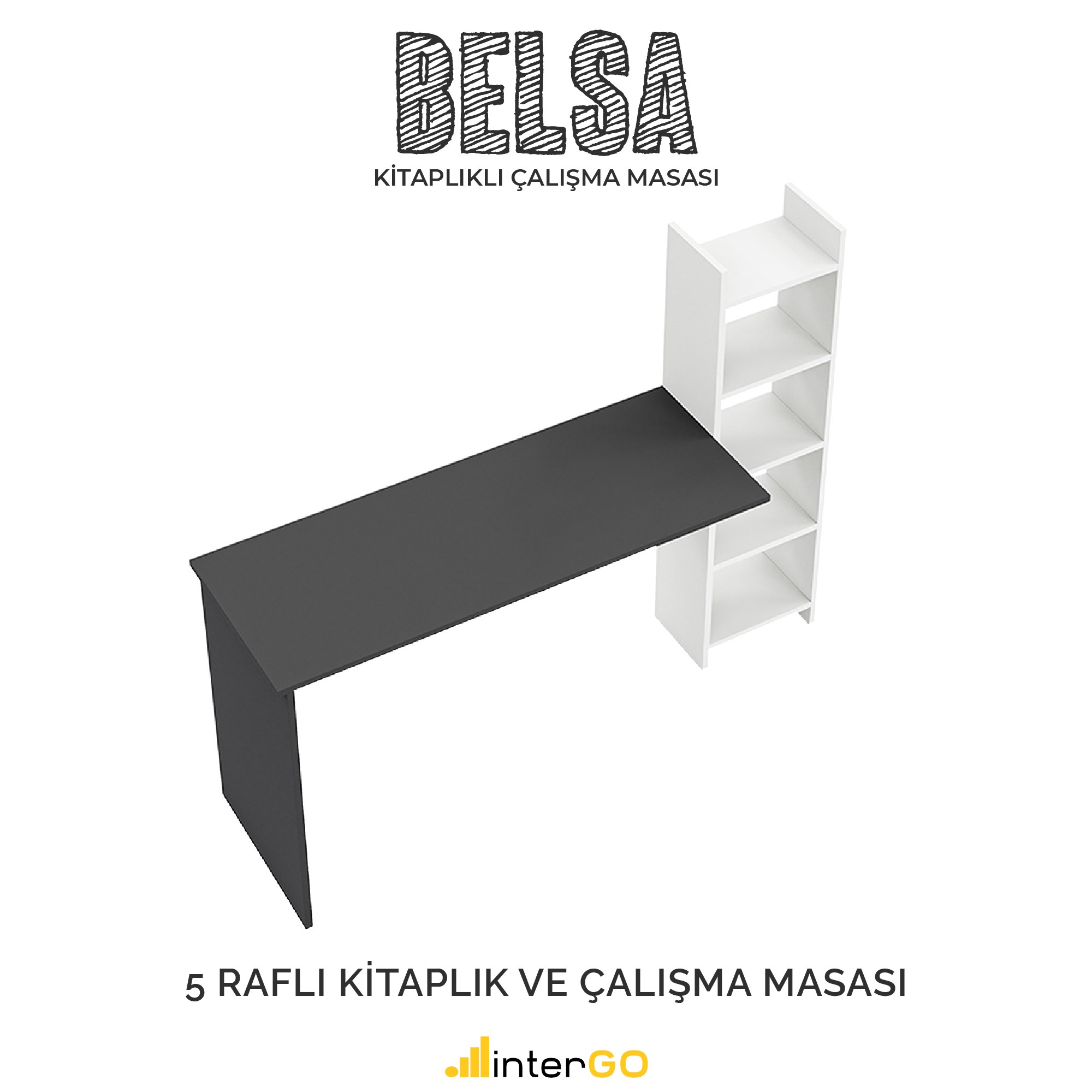 BELSA | Kitaplıklı Çalışma Masası - Gri - Beyaz