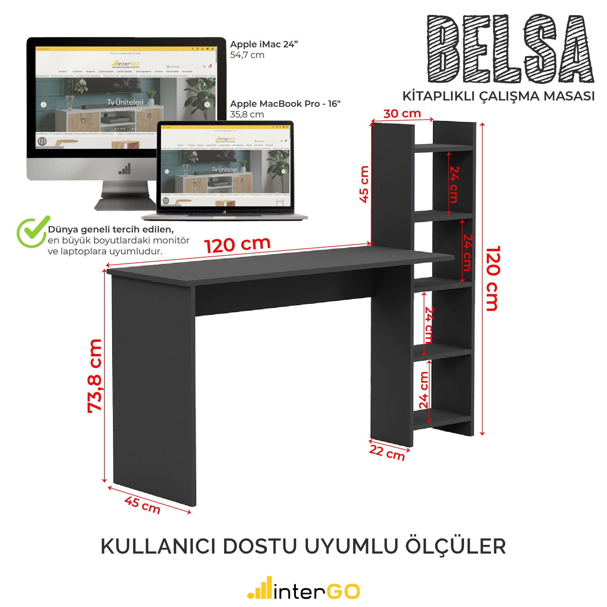 BELSA | Kitaplıklı Çalışma Masası - Antrasit Gri