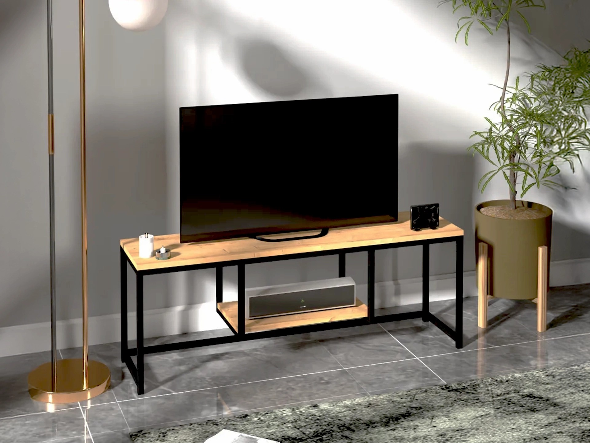 META Metal Tv Sehpası 120 cm | Raflı Tv Ünitesi - Siyah