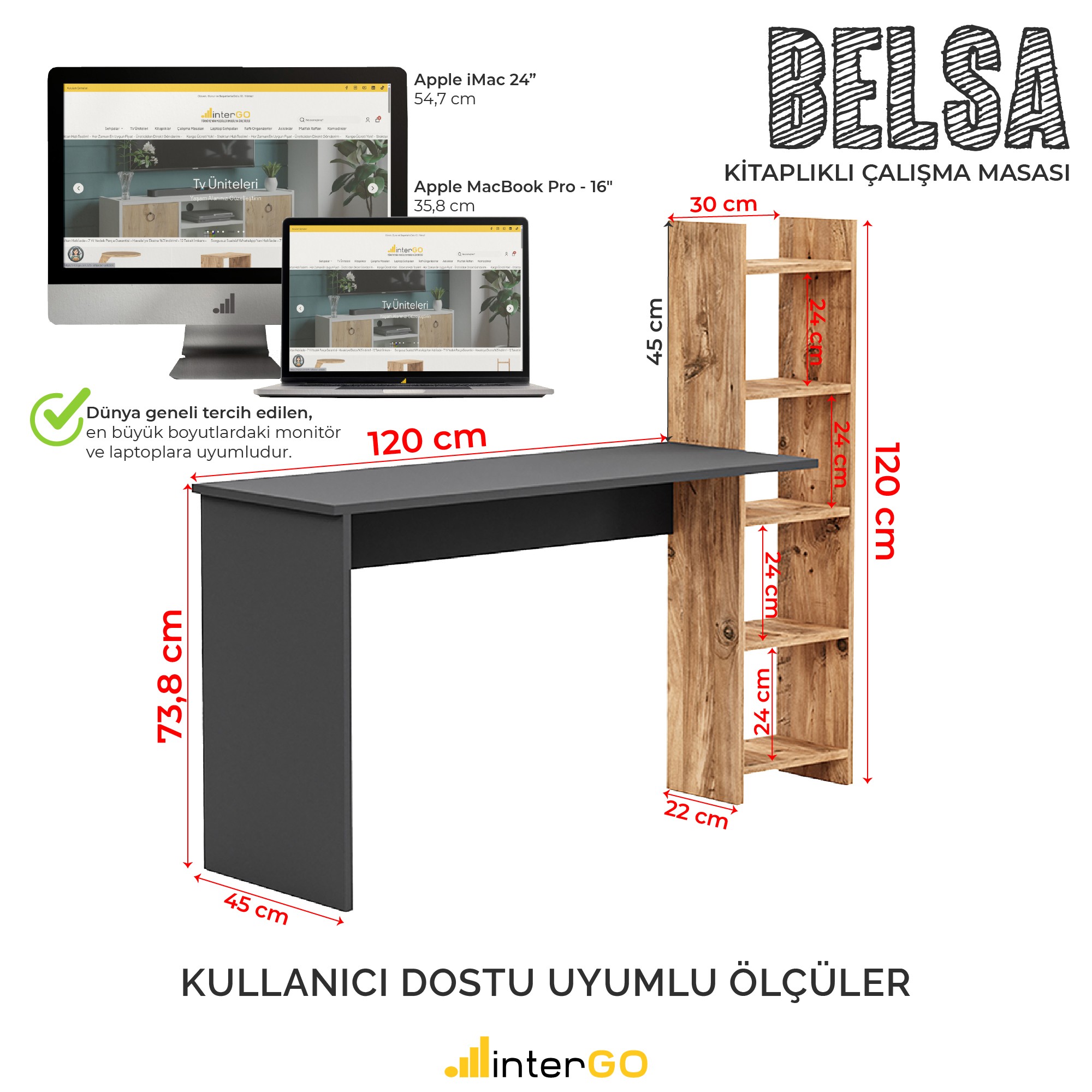 BELSA | Kitaplıklı Çalışma Masası - Antrasit - Atlantik Çam