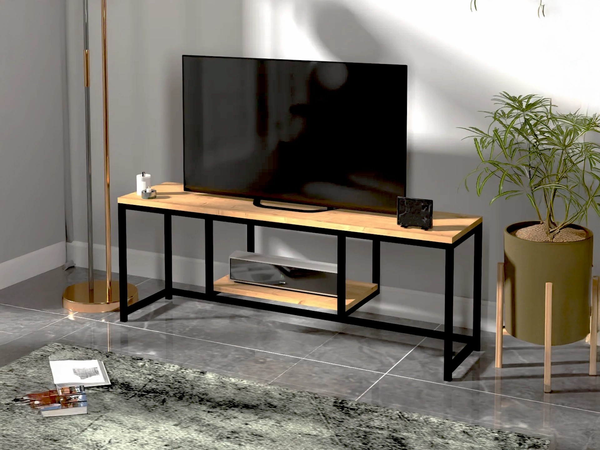META Metal Tv Sehpası 120 cm | Raflı Tv Ünitesi - Siyah