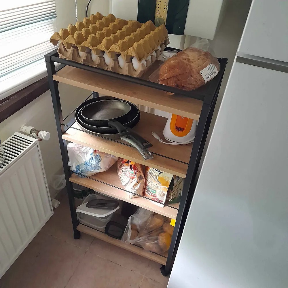 NEVA| Tekerlekli Metal Kiler Düzenleyici | 4 Raflı Kiler Banyo Metal Organizer - Çam