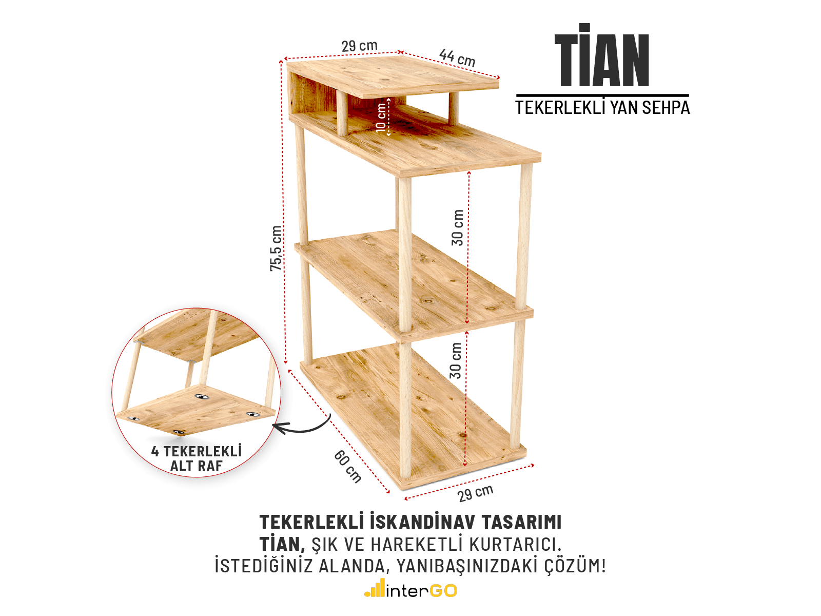 TİAN Tekerlekli Yan Sehpa | İskandinav Tasarım - Çam