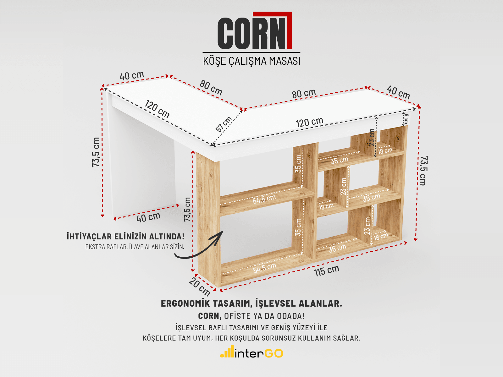 CORN Köşe Çalışma Masası | Kitaplıklı Raflı Bilgisayar Masası