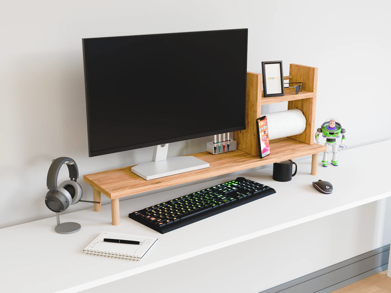 SETO Masaüstü Organizer Set / Monitör Yükseltici Stand / Havluluklu Raf - Çam