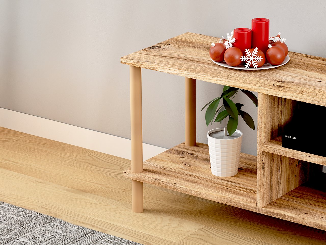 TİVO Modern Televizyon Sehpası 120 cm | Ahşap Ayaklı Raflı Tv Sehpası - Çam