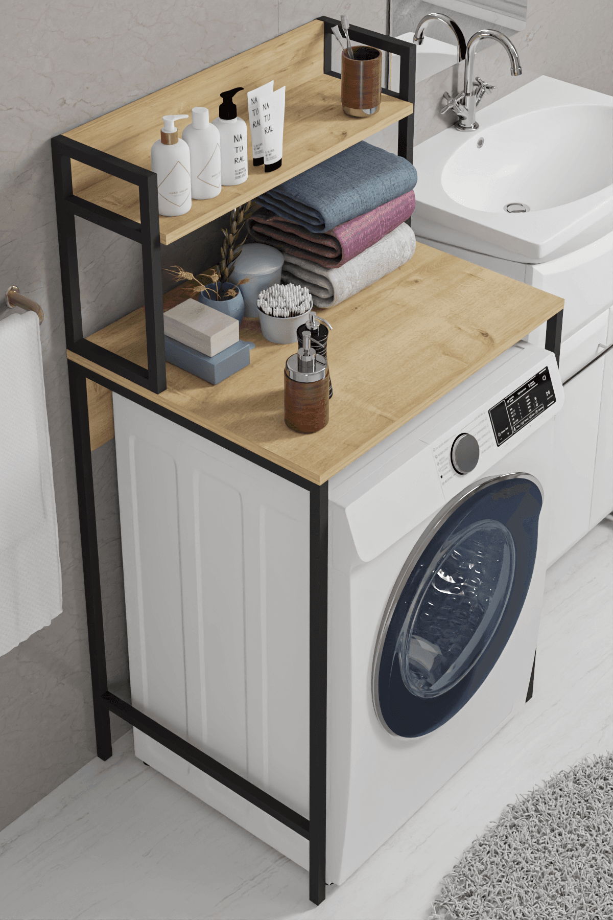 BANO | Çamaşır Makinesi Üstü Organizer | Mini Buzdolabı Üstü Organizer Ahşap Raflı