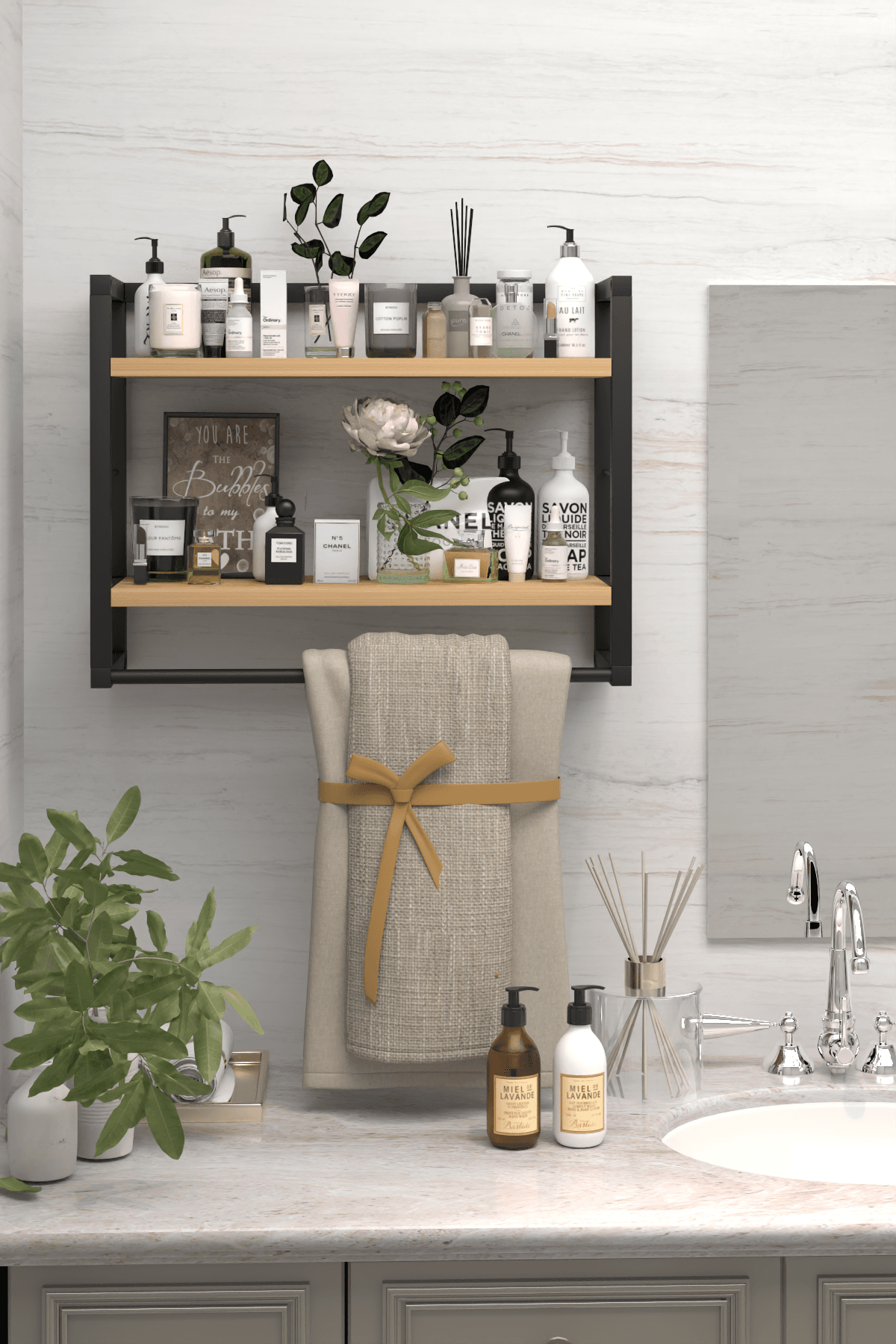 RAFA | 2 Raflı Metal Havluluk | Duvara Monte Banyo Rafı | Metal Organizer Raf - Çam