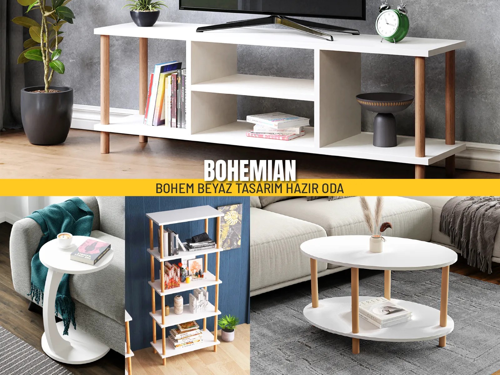 BOHEMIAN Oda Tasarımı | Bohem Dekorasyon | Tasarım Oturma Odası 4 Parça Mobilya - Bohem - Beyaz