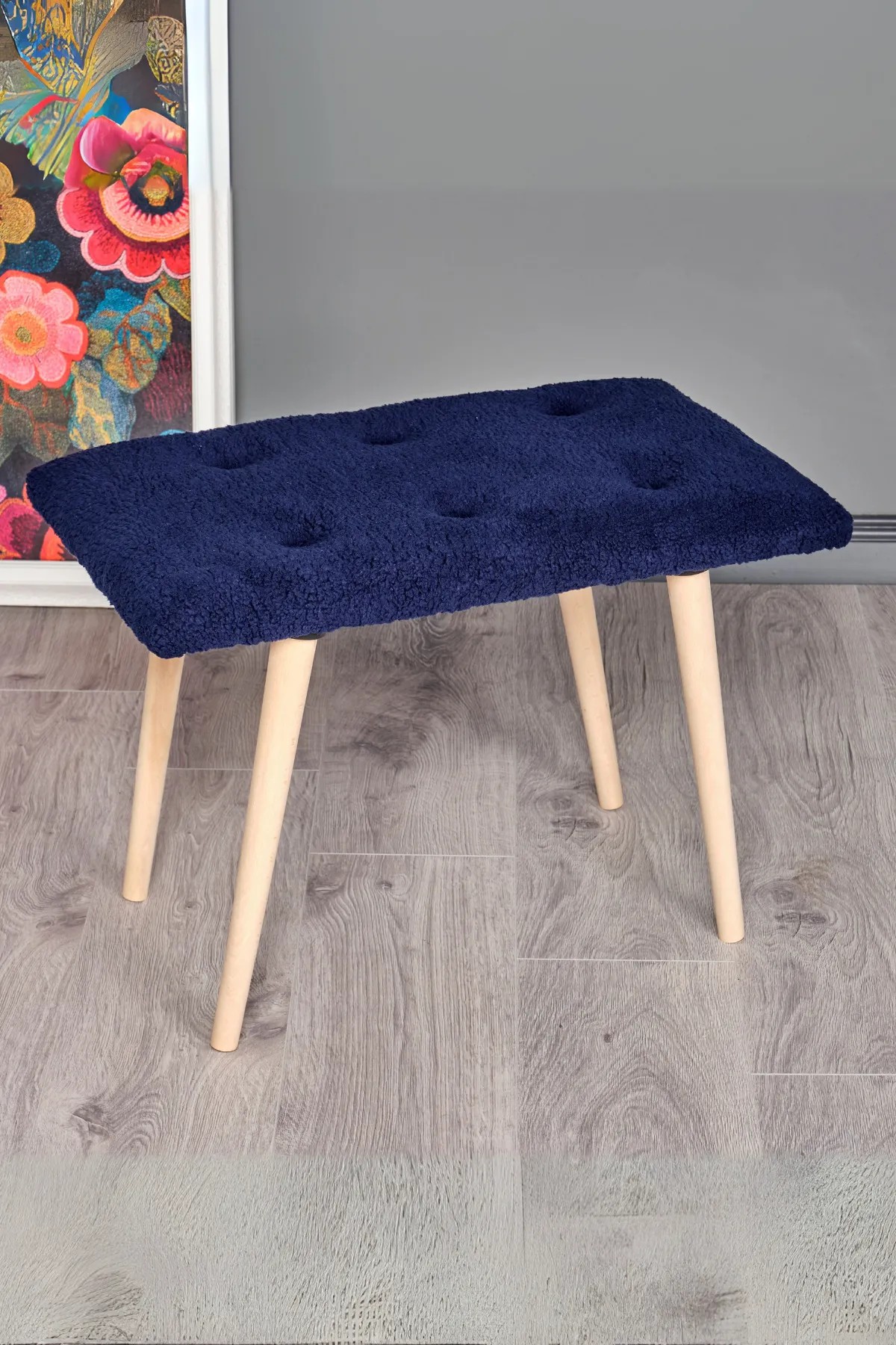 BENK - Retro  Puf | Ahşap Ayaklı | Kuzu Tüyü Bench Koltuk | Makyaj Pufu - Koyu Mavi