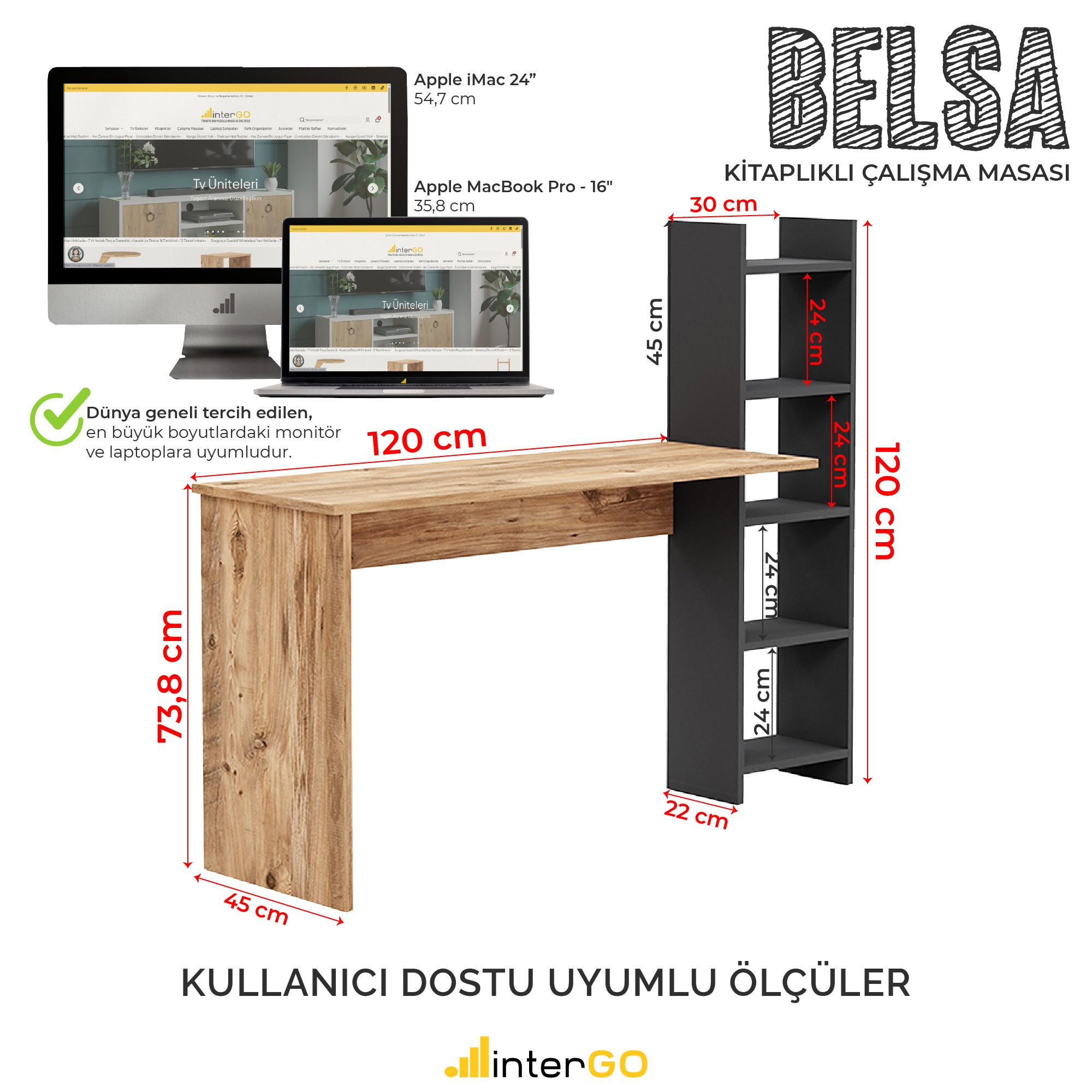 BELSA | Kitaplıklı Çalışma Masası - Atlantik Çam - Gri
